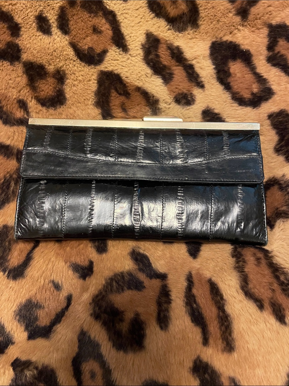 Black Eel Leather Clutch with kiss Lock Frame